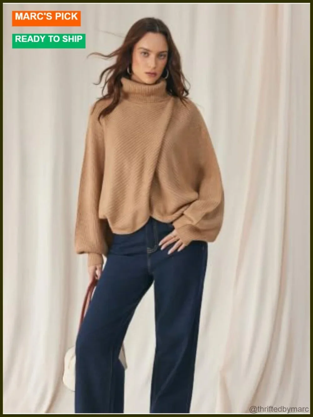 Womens Cropped Turtleneck Sweater Lantern Sleeve High Neck Knit Pullover